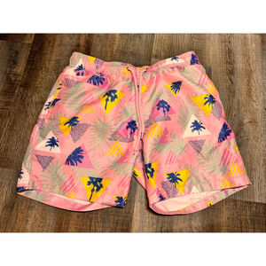 Men's Free Planet Swim Trunks S Retro Pink Blue Palm Tree Print